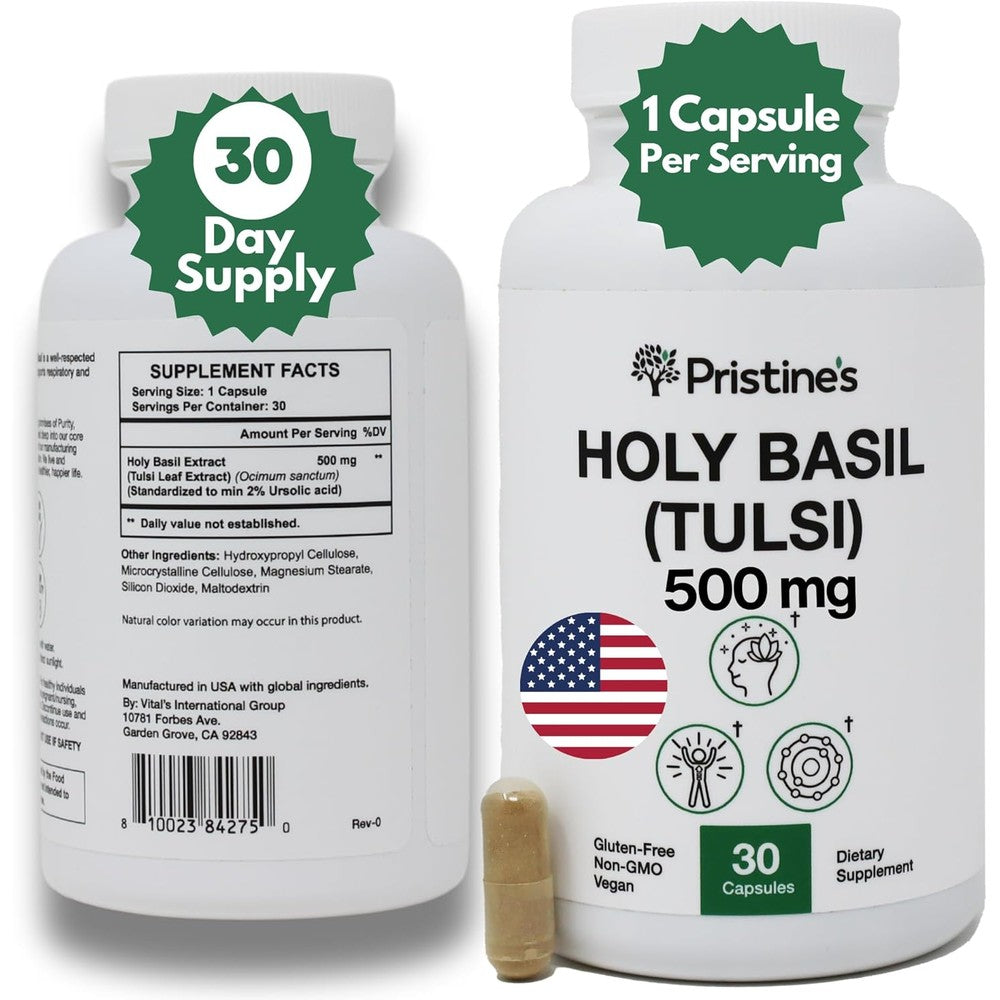 Pristines Holy Basil 500mg capsules bottle front view