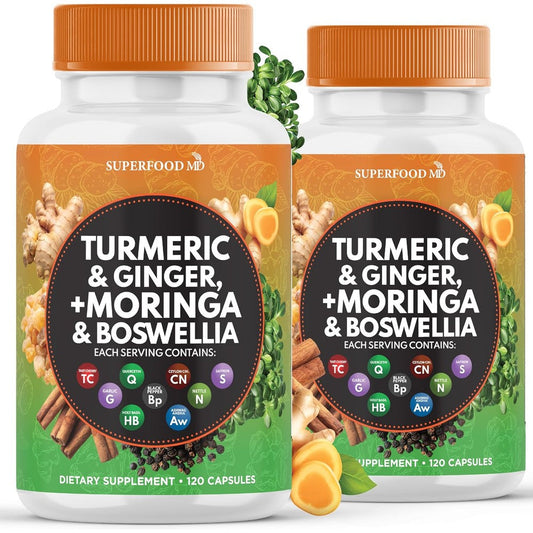 Superfood MD Turmeric Moringa and Holy Basil joint support bottle front view