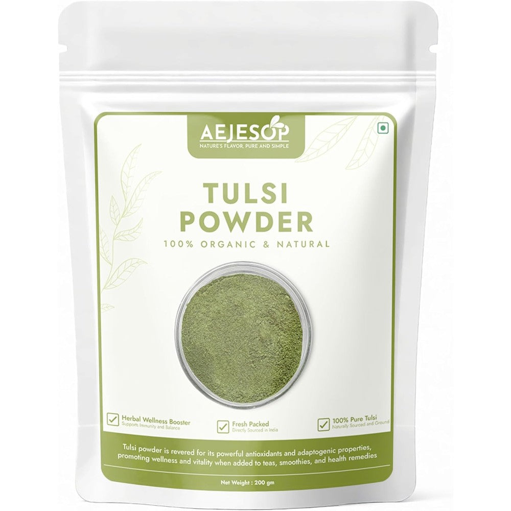 Natural dried tulsi leaves powder in a 7oz bag for ayurvedic herbal tea and immunity