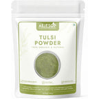 Natural dried tulsi leaves powder in a 7oz bag for ayurvedic herbal tea and immunity