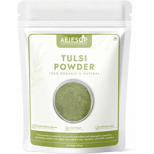 Natural dried tulsi leaves powder in a 7oz bag for ayurvedic herbal tea and immunity