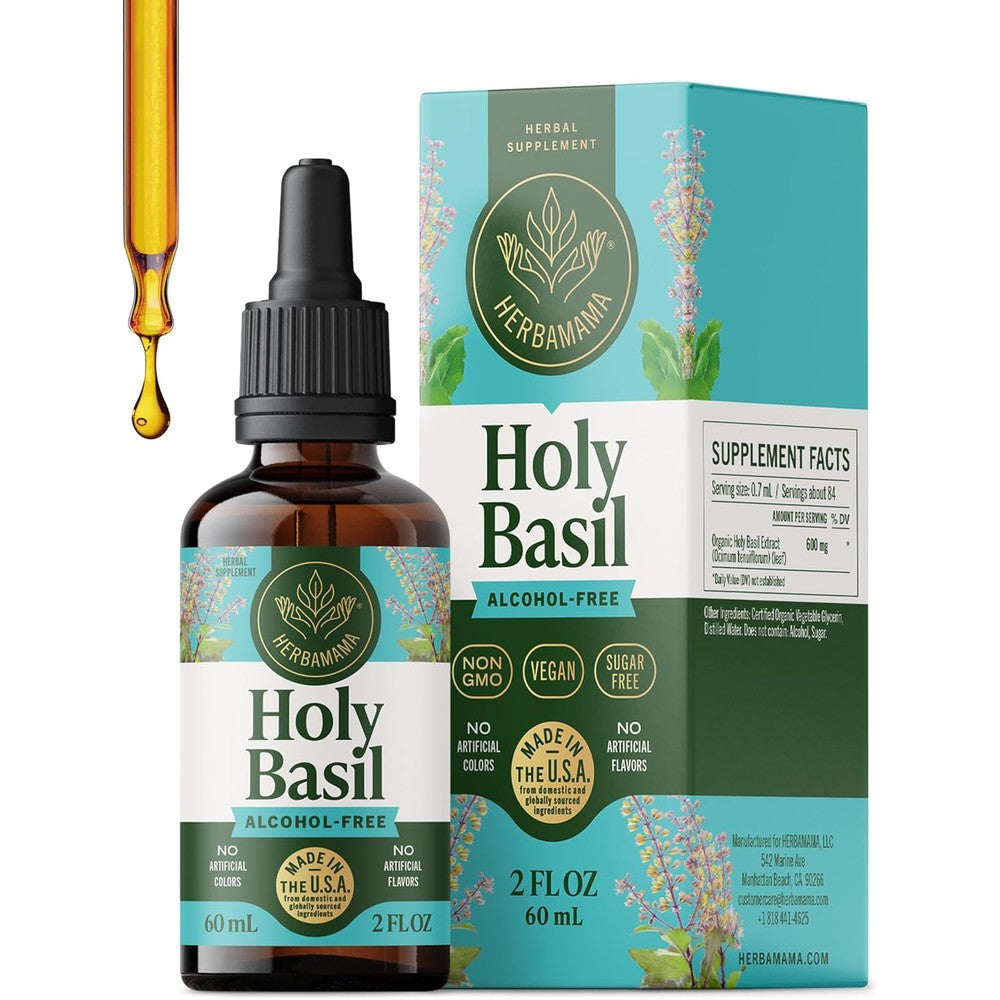 Herbamama Tulsi Holy Basil Tincture front bottle view for stress support