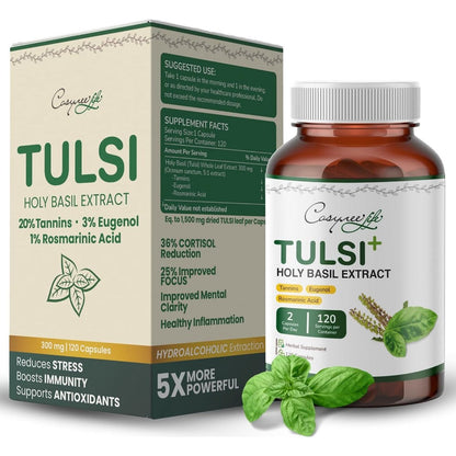Cosynee Life Organic Tulsi Basil Whole Leaf Extract 120 Capsules Front View