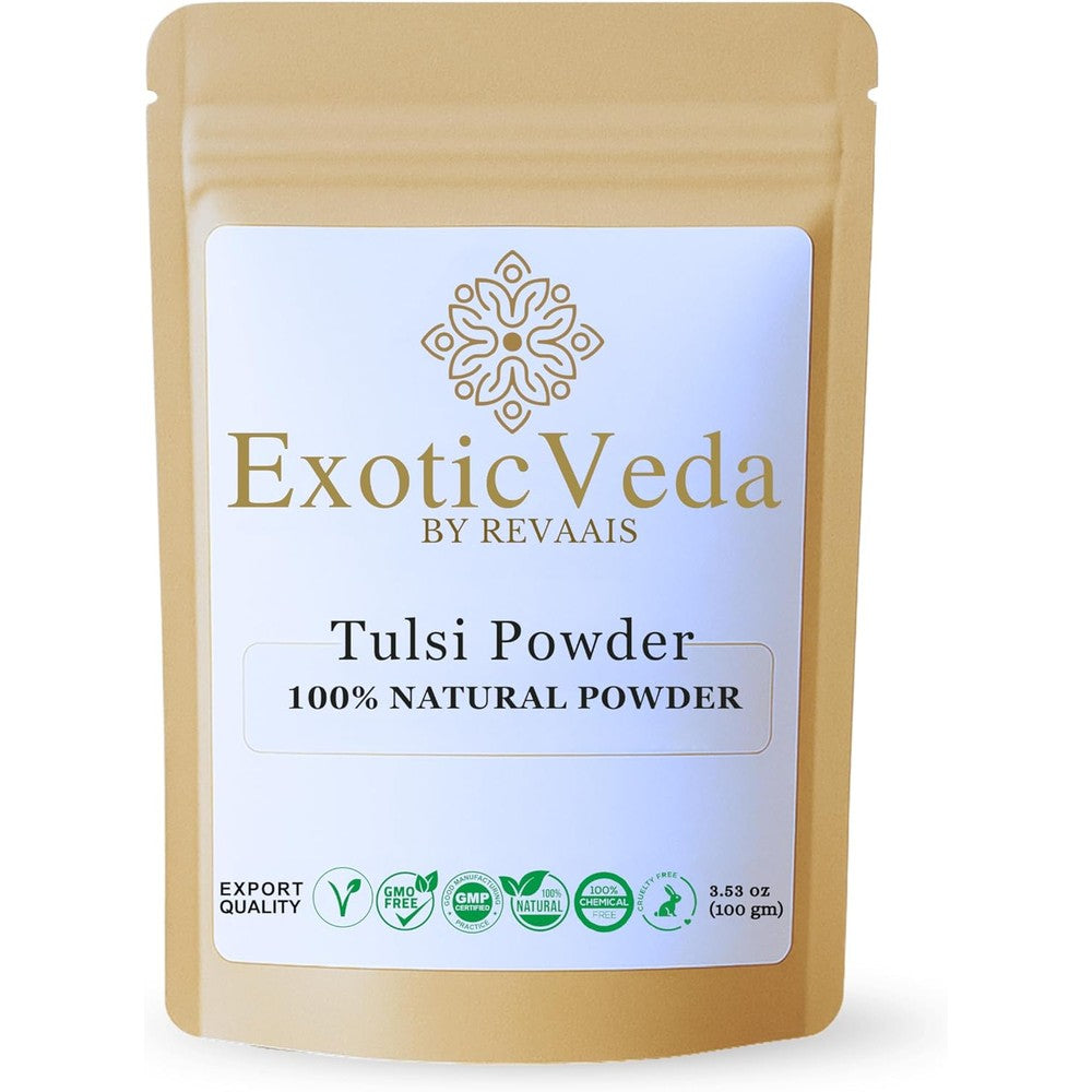 Exotic Veda Pure Tulsi Powder 100g front view packaging