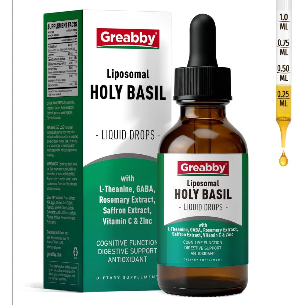 Greabby Holy Basil Tincture front bottle view for stress support
