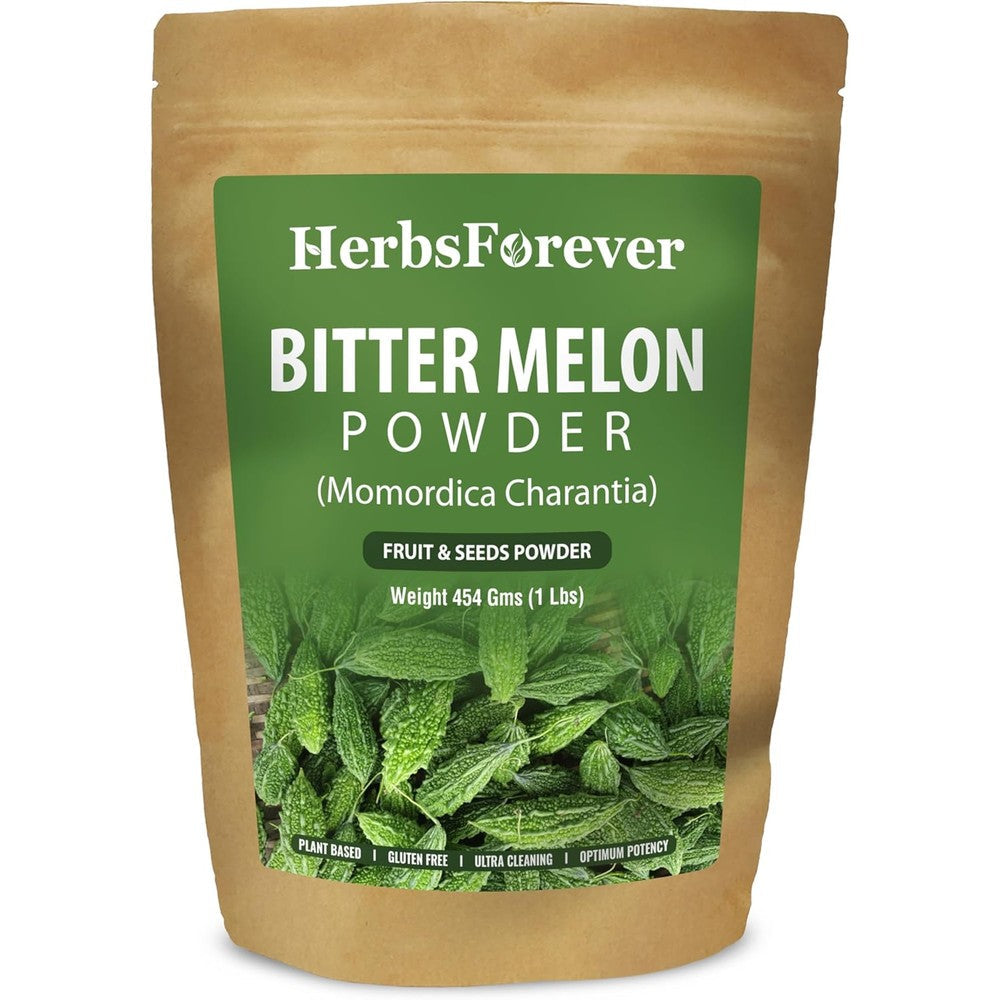 Herbsforever Bitter Melon Powder 454g front view showcasing premium Ayurvedic dietary supplement packaging.