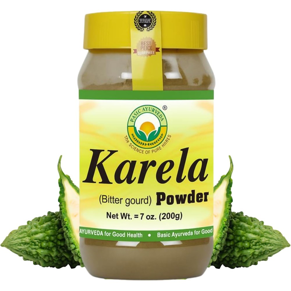 Basic Ayurveda Karela Bitter Gourd Powder front view packaging jar for blood sugar support