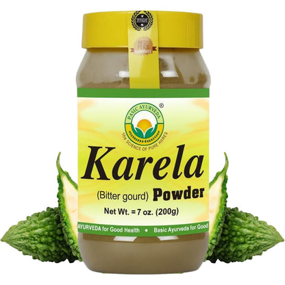 Basic Ayurveda Karela Bitter Gourd Powder front view packaging jar for blood sugar support