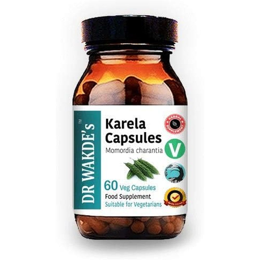 DR WAKDE'S Karela 60 Vegetarian Capsules front bottle view showcasing natural wellness supplement packaging.