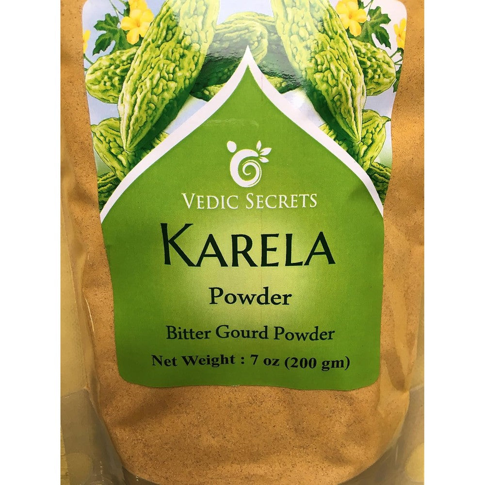 Vedic Secrets Karela Bitter Gourd Powder 200 Grams package front view showcasing organic Ayurvedic supplement.