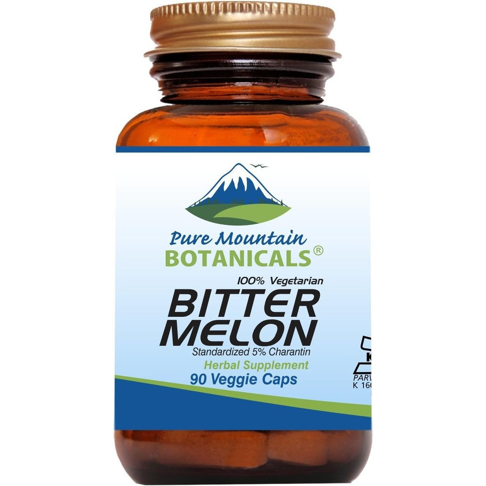 Pure Mountain Botanicals bitter melon supplement front view showing ninety vegan capsules bottle
