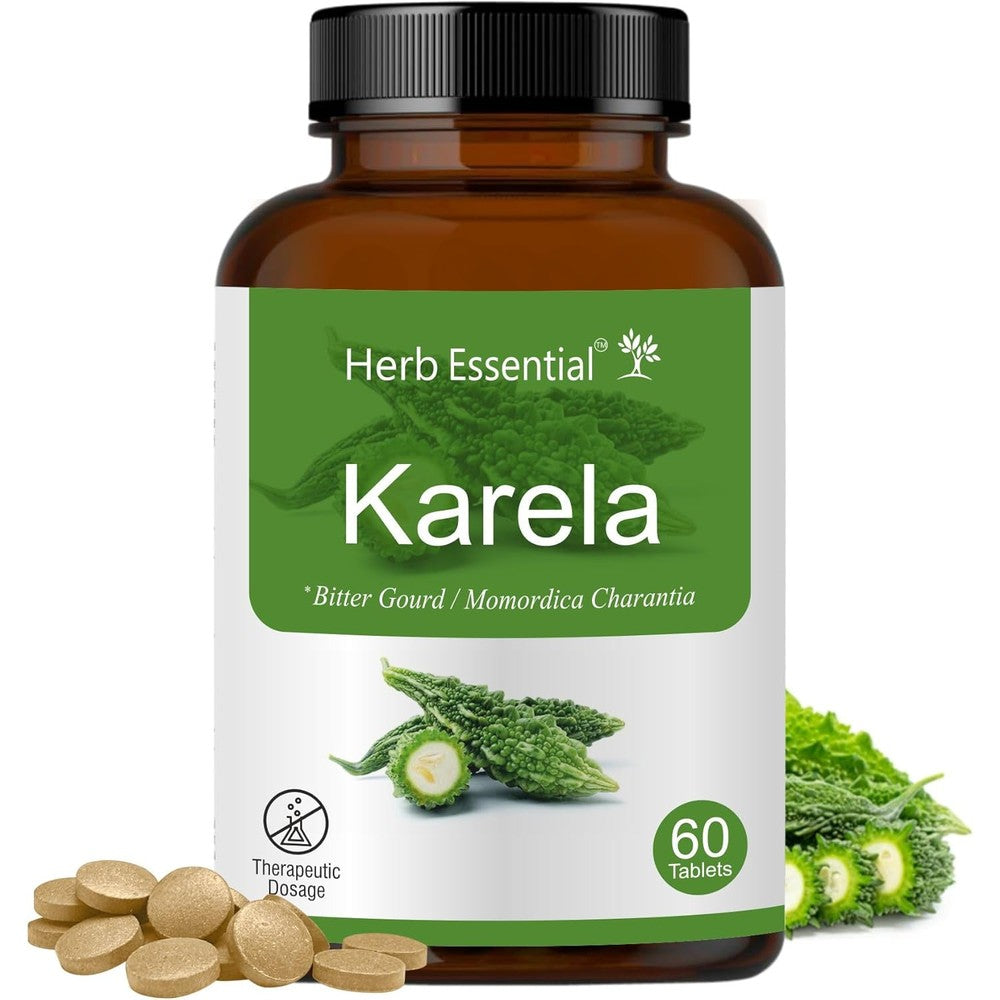 Herb Essential Karela 500mg tablets bottle front view authentic health supplements