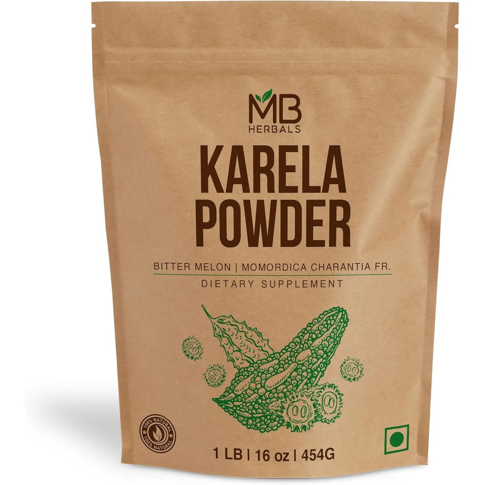 MB Herbals De-Seeded Karela Powder front view of the 454 grams resealable pouch container for blood sugar support.