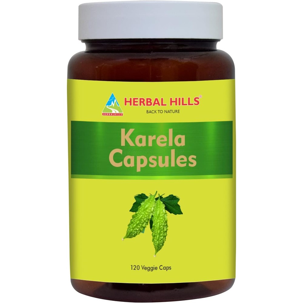 Herbal Hills Bitter Melon 900mg Karela 120 vegetable capsules front bottle view for blood sugar support.
