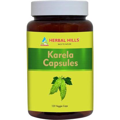 Herbal Hills Bitter Melon 900mg Karela 120 vegetable capsules front bottle view for blood sugar support.