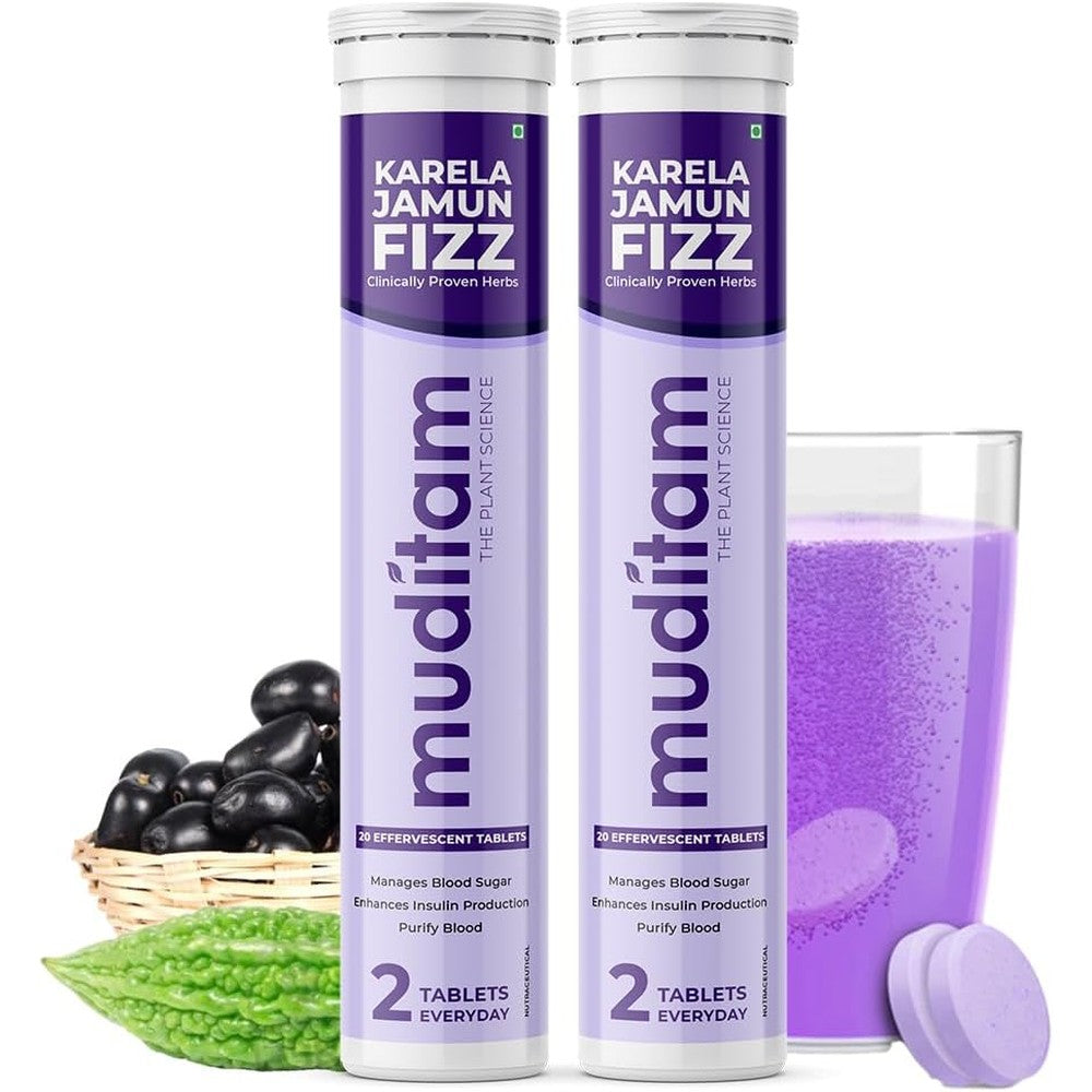 Muditam Ayurveda Karela Jamun Fizz effervescent tablets front packaging for blood sugar support