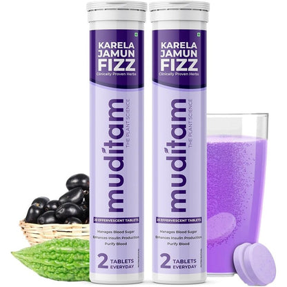 Muditam Ayurveda Karela Jamun Fizz effervescent tablets front packaging for blood sugar support