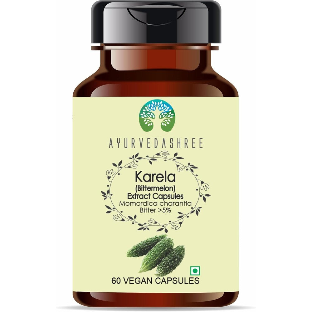 Ayurvedashree Karela Extract 500mg 60 vegan capsules front view bottle for healthy blood sugar support