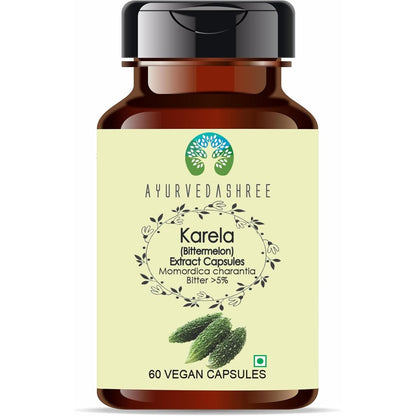 Ayurvedashree Karela Extract 500mg 60 vegan capsules front view bottle for healthy blood sugar support