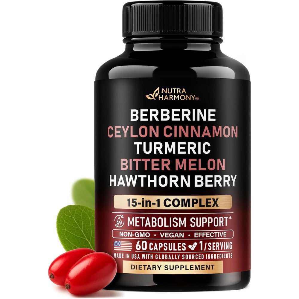 Nutraharmony Berberine with Ceylon Cinnamon and Bitter Melon 60 capsules bottle front view.