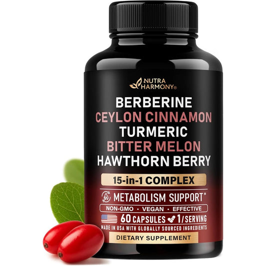 Nutraharmony Berberine with Ceylon Cinnamon and Bitter Melon 60 capsules bottle front view.