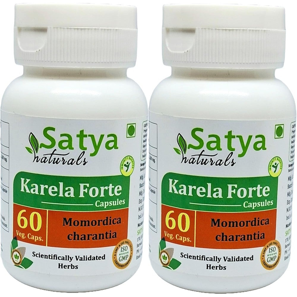 Satya Naturals Bitter Melon Forte 500mg bottle front view showing herbal supplement label.