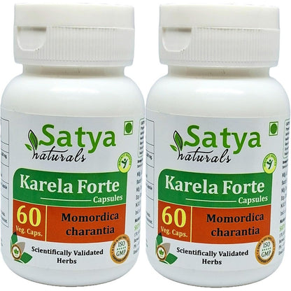 Satya Naturals Bitter Melon Forte 500mg bottle front view showing herbal supplement label.