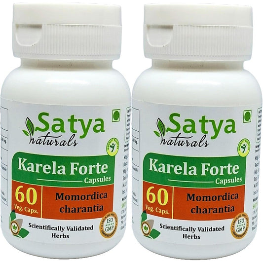 Satya Naturals Bitter Melon Forte 500mg bottle front view showing herbal supplement label.