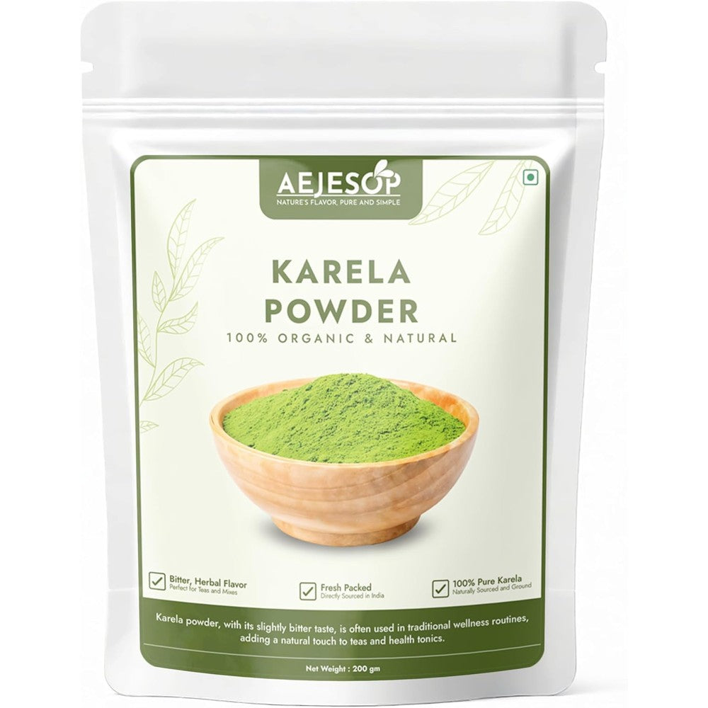 Aejesop Karela Powder 200g front packaging showing authentic bitter melon supplement.