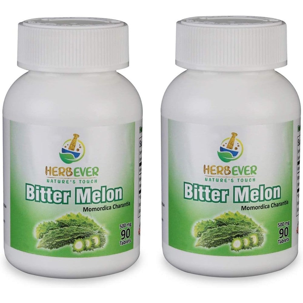 Herbever Bitter Melon 500mg dietary supplement 2 pack bottles front view showcasing vegetarian metabolic wellness formula.
