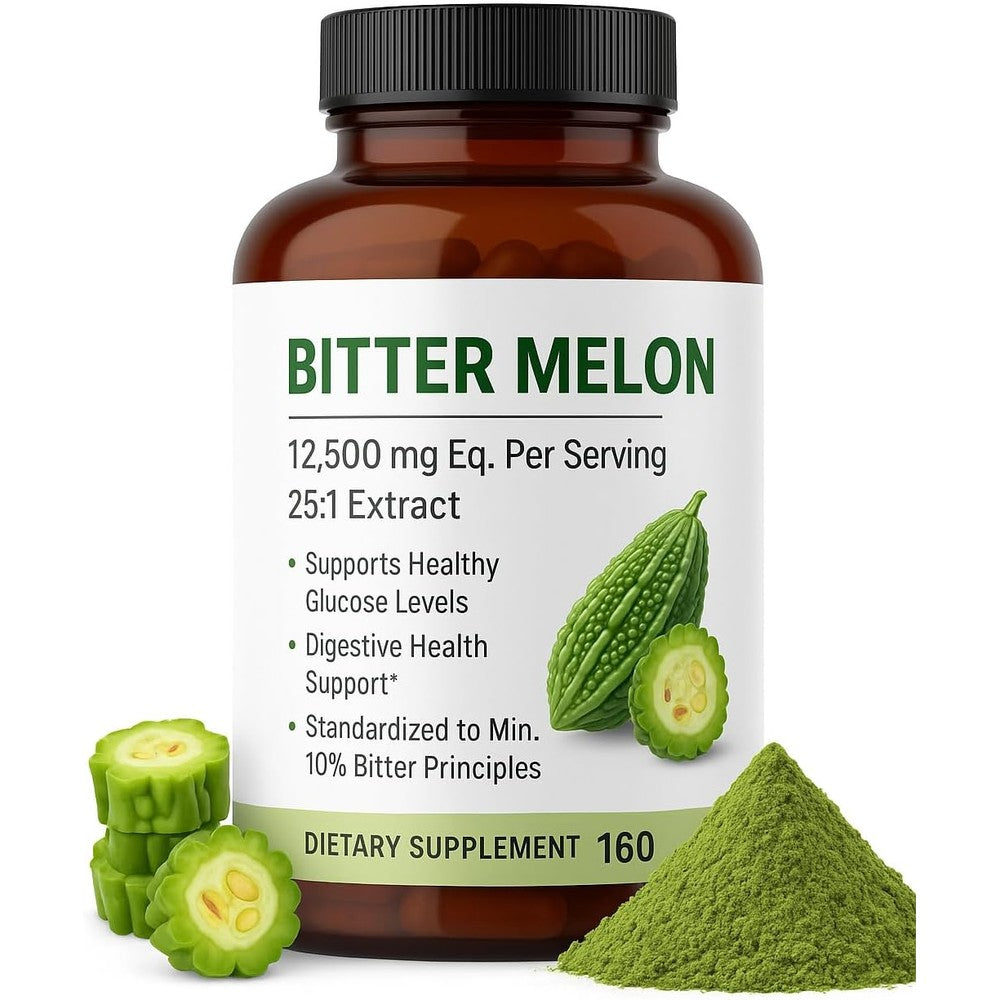 Satya Naturals Bitter Melon Extract 160 Capsules front label showing extra strength herbal blood sugar support supplement.