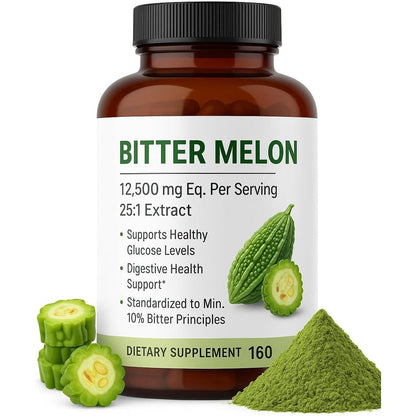 Satya Naturals Bitter Melon Extract 160 Capsules front label showing extra strength herbal blood sugar support supplement.