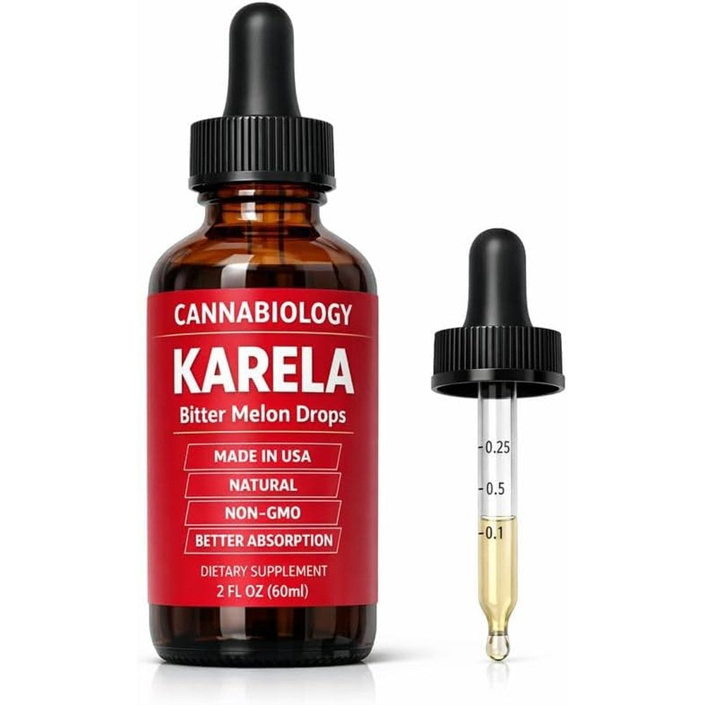 Cannabiology Karela Bitter Melon Liquid Extract 2 Fluid Ounce bottle front view for blood sugar support.