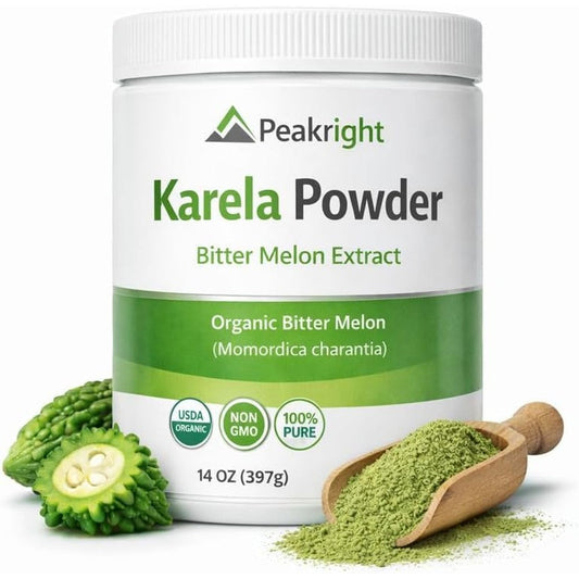 Peakright Karela Powder fourteen ounce packaging front view premium bitter melon health supplement