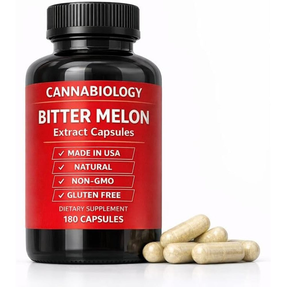 Cannabiology Bitter Melon Karela 180 Capsules front view bottle for blood sugar management.