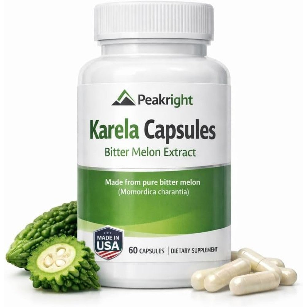Peakright Karela Bitter Melon Supplement 60 Capsules front view showing product packaging.