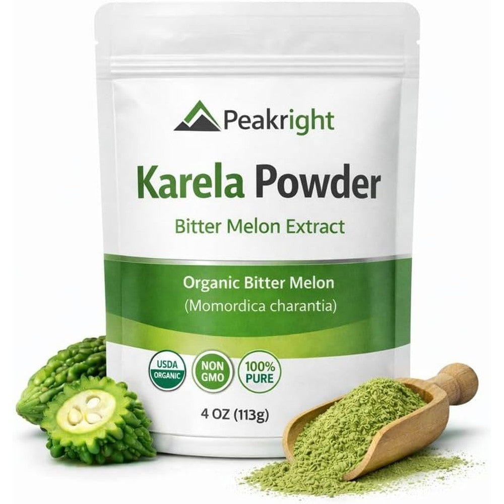 MyGodGift Peakright Karela Bitter Melon powder pouch front view showing organic certification