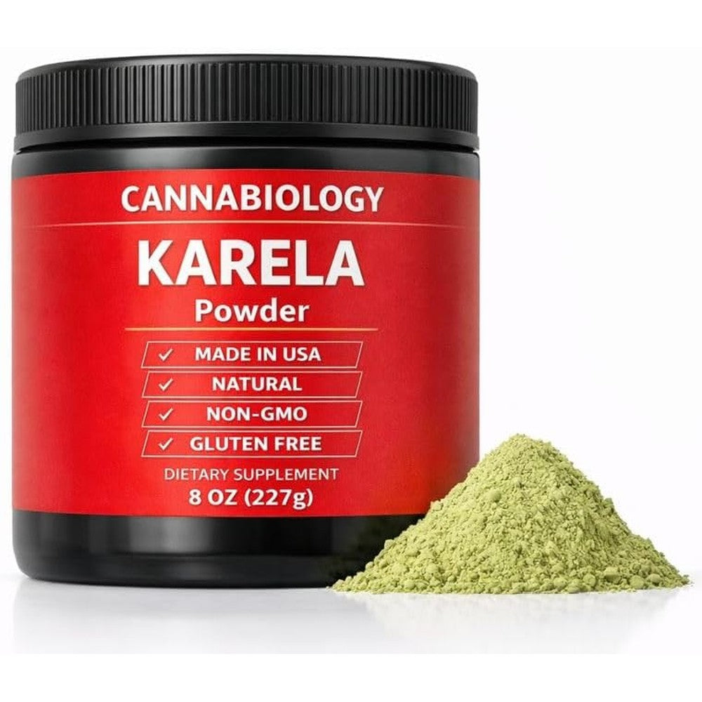 Minature Cannabiology Karela Bitter Melon Powder front view jar for blood sugar support