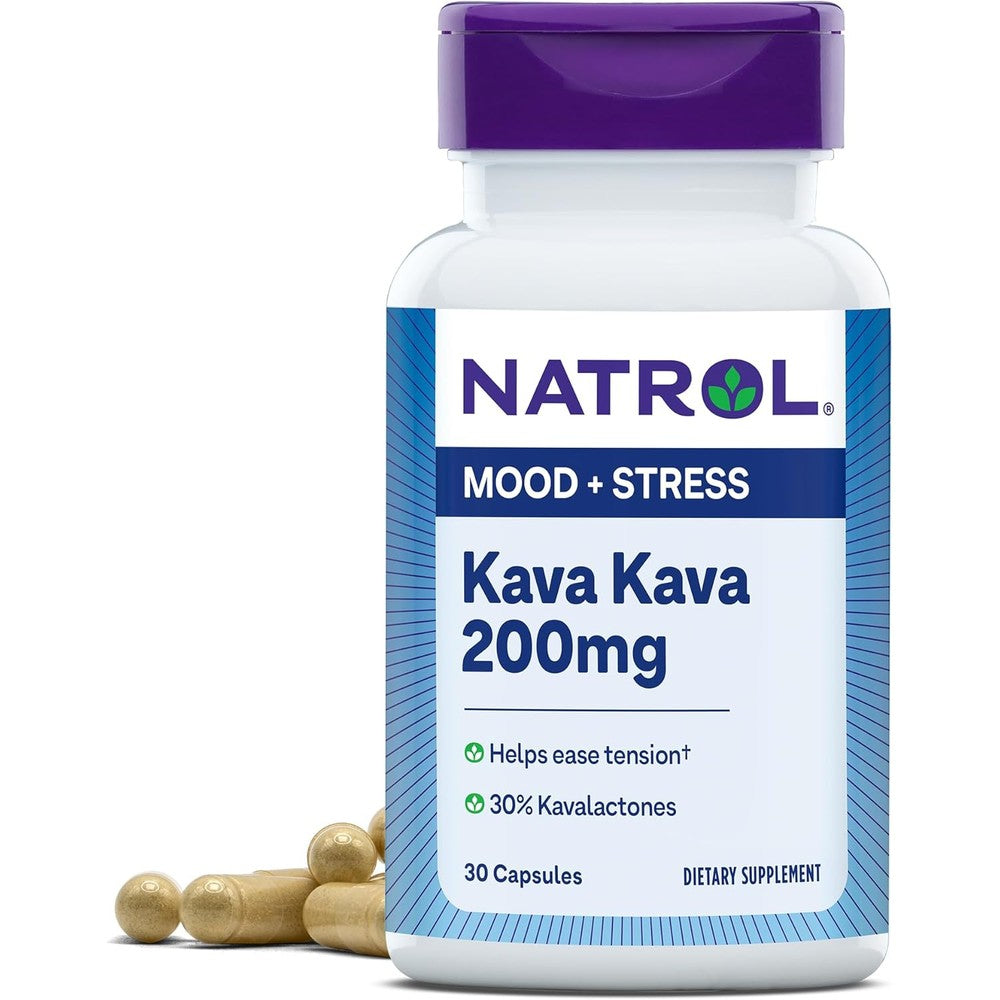 Natrol Mood and Stress Kava Kava 200mg 30 capsules front view bottle packaging for stress relief