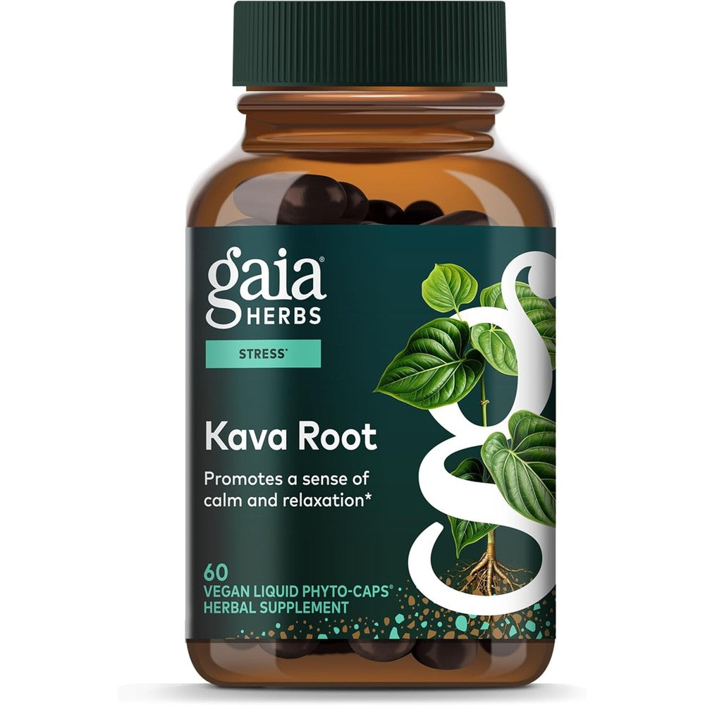 Gaia Herbs Kava Root 60 liquid capsules front bottle view for stress relief.