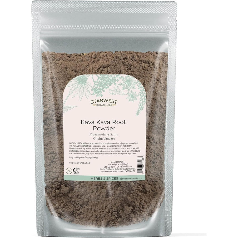 Starwest Botanicals Kava Kava Root Powder four ounce pouch front view
