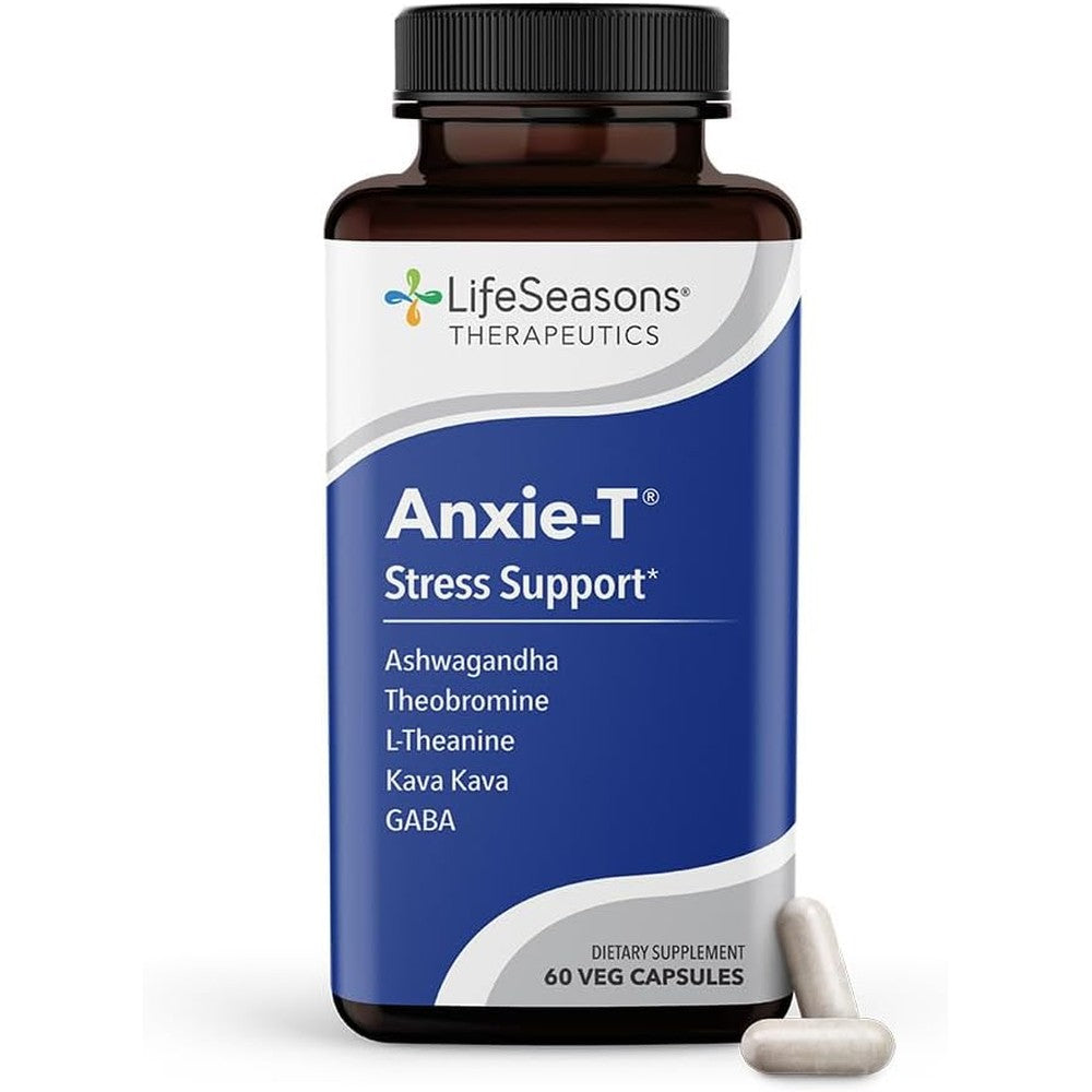 LifeSeasons Anxie T stress relief supplement front view bottle for natural relaxation.