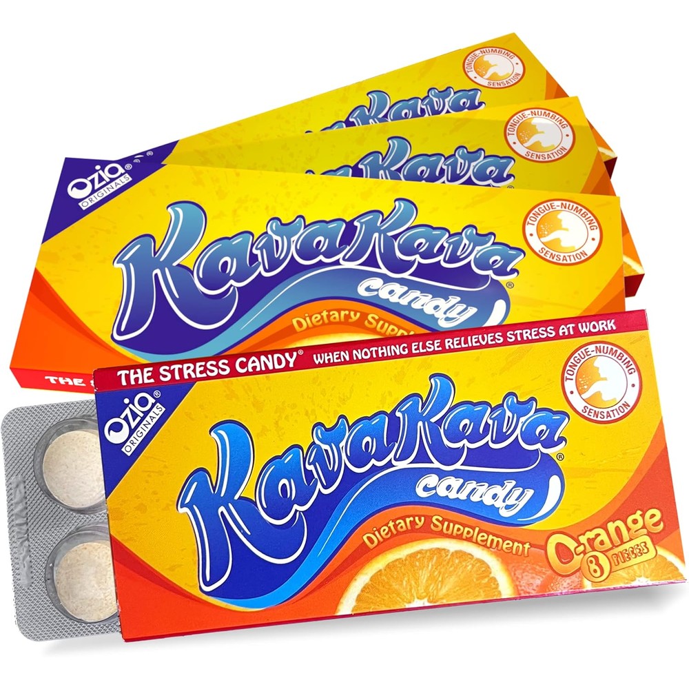 Ozia Originals Kava Kava Candy front packaging of the orange flavor 4 pack premium stress relief supplement