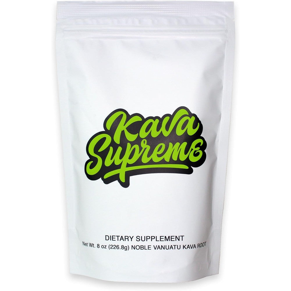 Kavafied Kava Supreme Noble Vanuatu Kava Root Powder eight ounces front view packaging for natural relaxation.