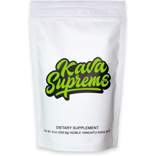 Kavafied Kava Supreme Noble Vanuatu Kava Root Powder eight ounces front view packaging for natural relaxation.