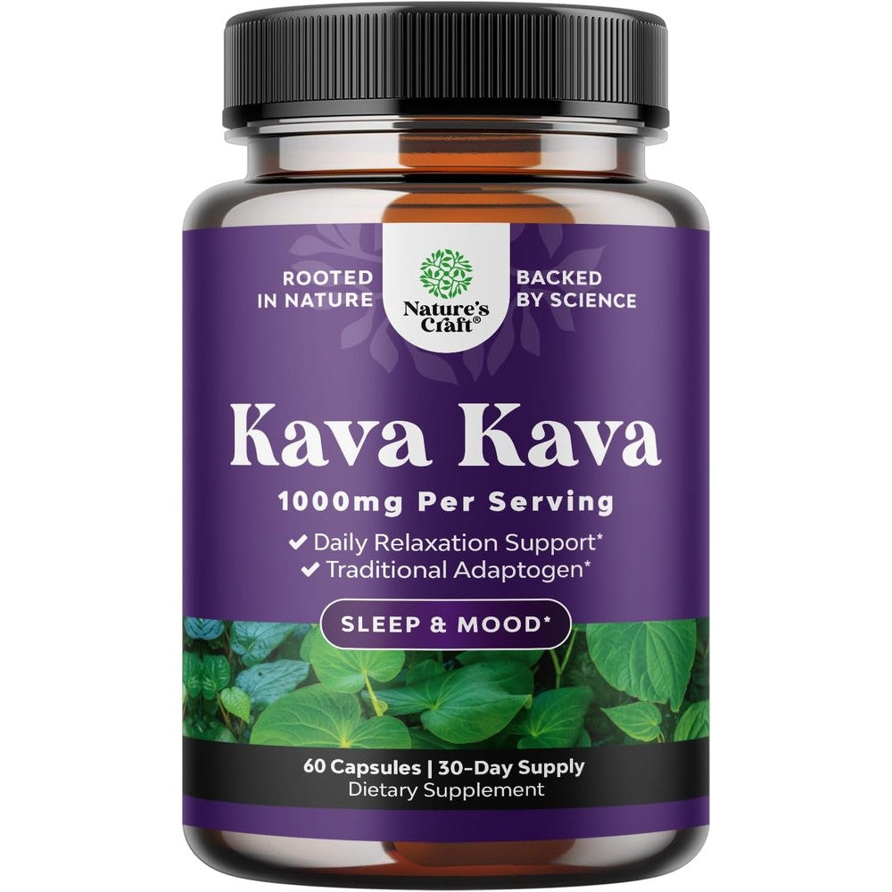 Natures Craft Kava Root Extract 1000mg 60 capsules bottle front view showing purple label for natural stress relief