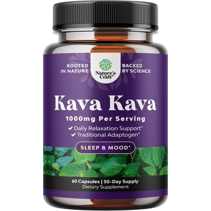 Natures Craft Kava Root Extract 1000mg 60 capsules bottle front view showing purple label for natural stress relief