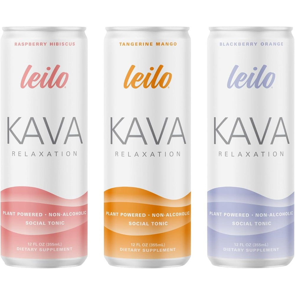 Leilo Kava Powered Sparkling Relaxation Drink variety pack front view showing multiple non-alcoholic cans.