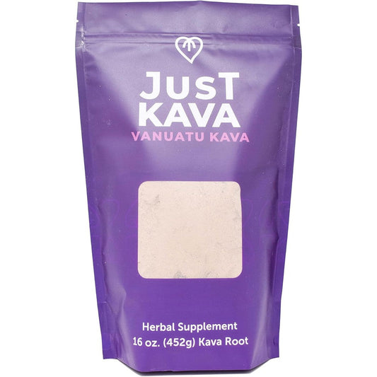 Just Kava Vanuatu Kava Powder sixteen ounce bag front view showcasing authentic packaging.