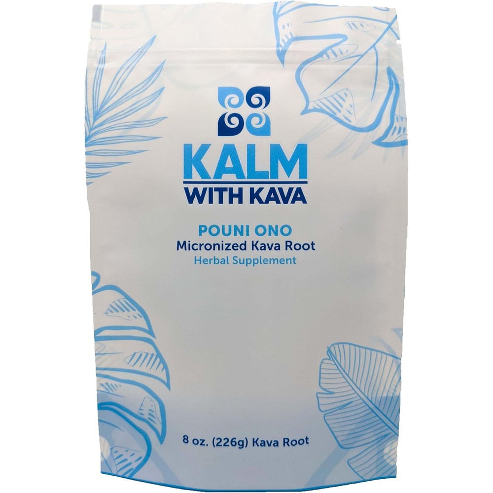 Kalm With Kava Pouni Ono Micronized Kava front view premium herbal supplement powder packaging